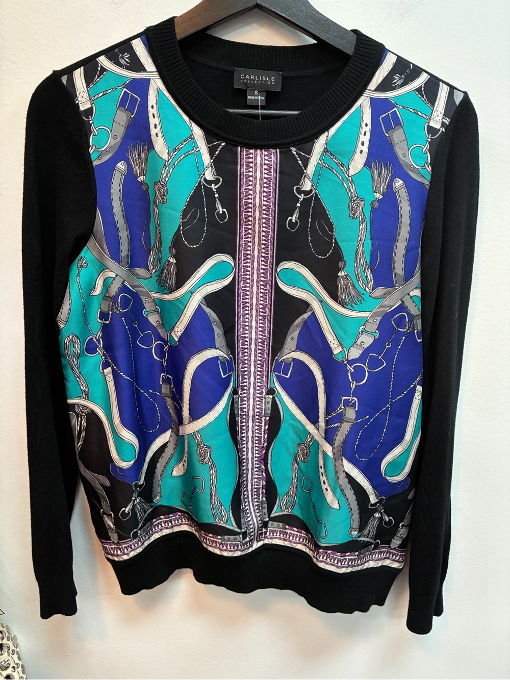 Carlisle Black Sweater with Blue & Teal Scarf-Print Front